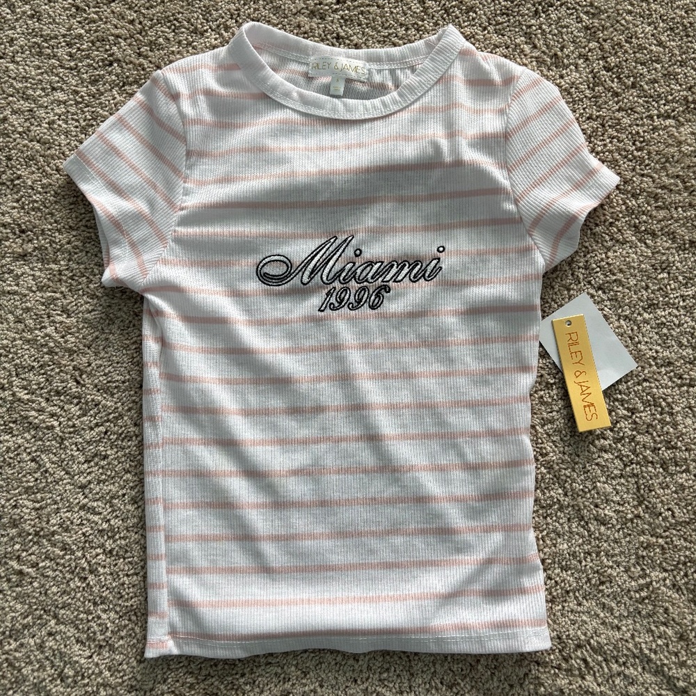 2000s y2k Riley and James Miami 1996 pink striped short sleeve top
